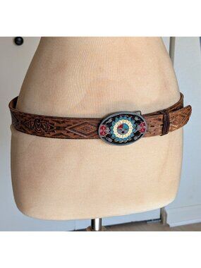 Vintage Aztec Western Leather Hand Finished Belt w/ Zuni Turquoise Buckle Sz 38